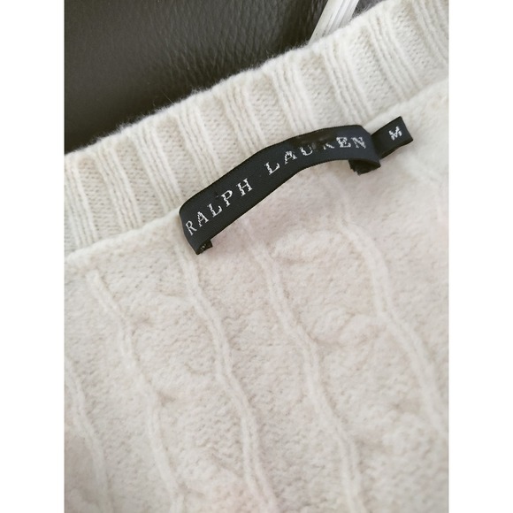Ralph Lauren Vintage Wool Cashmere Cable Knit V-Neck Sweater Creme White Medium - Picture 6 of 8